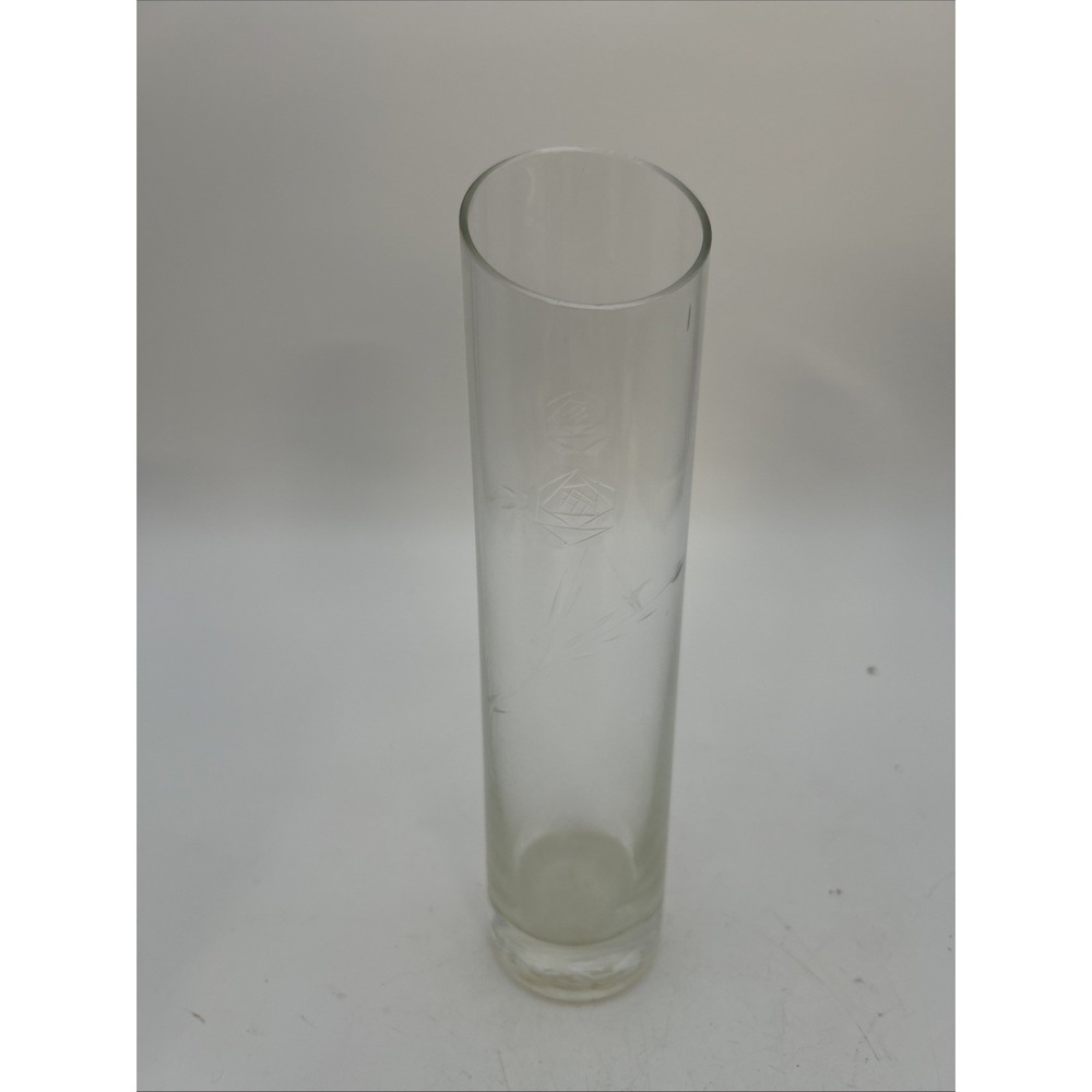 tall cylindrical bud vase is made of clear glass With Roses Engraved